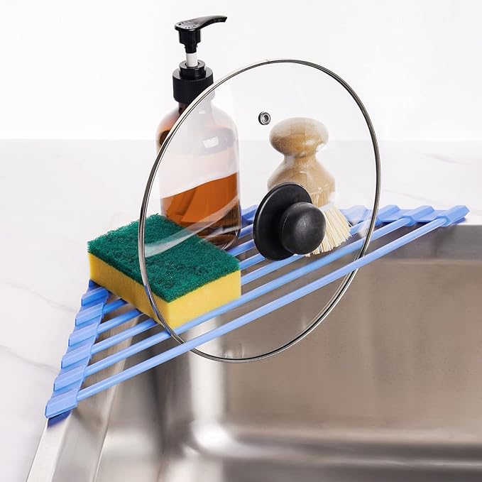 Tomorotec Compact Silicone-Coated Triangle Dish Drying Rack for Sink Corner - Foldable Stainless Steel Over-The-Sink Organizer and Storage Shelf (Blue)