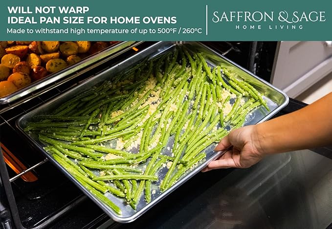 Commercial Quality Cookie Sheet Pan - 2 Pack Aluminum Half Sheet Baking Pan by Saffron & Sage Home Living - This 18x13 Baking Sheet Set is Rust & Warp Resistant, Heavy Duty, of Thick Gauge