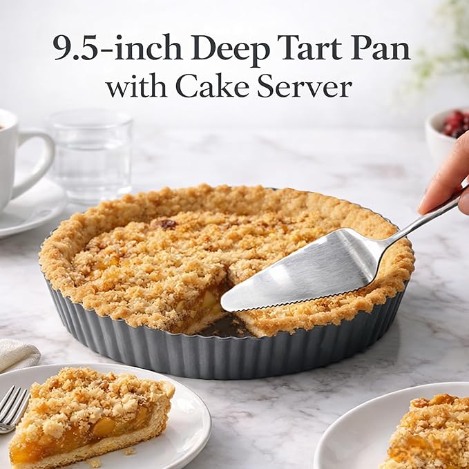 9.5*2.2 Inch Deep Tart Pan w/ Pie Cake Server. Removable Bottom, Non-Stick Coating, Rugged Carbon Steel for Tart Quiche Baking. Gift for Women Wife Christmas Thanksgiving Party Festival Family