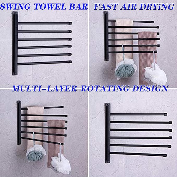 GERZWY Bathroom Swing Arm Towel Bars Wall Mount Bath Towel Rack with 6 Arms Hanger Towel Holder Organizer SUS 304 Stainless Steel Matte Black HYG06-BK