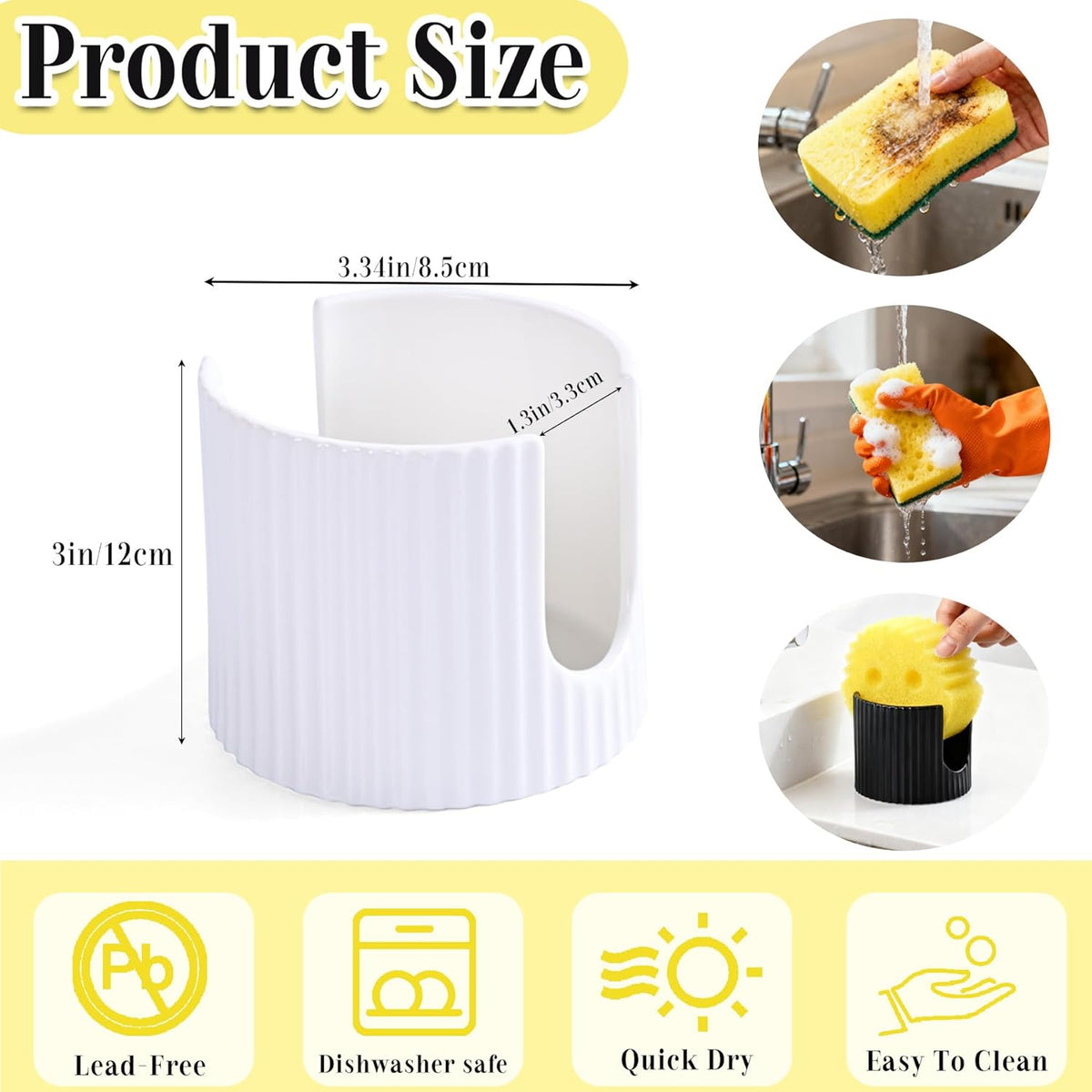 Ceramic Sponge Holder for Kitchen Sink - White Dish Sponge Caddy, Scouring Pads Drying Rack for Countertop