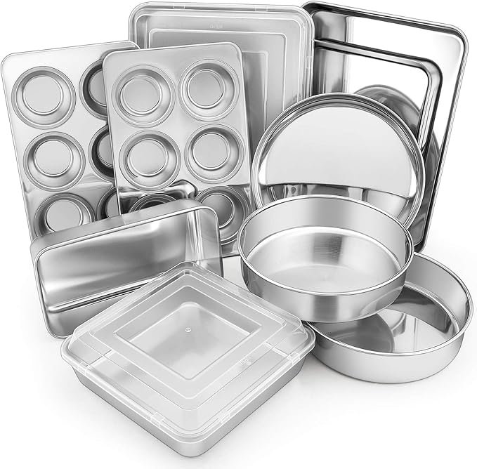 E-far 12-Piece Stainless Steel Bakeware Sets, Metal Baking Pan Set Include Round Cake Pans, Square/Rectangle Baking Pans with Lids, Cookie Sheet, Loaf/Muffin/Pizza Pan, Non-toxic & Dishwasher Safe