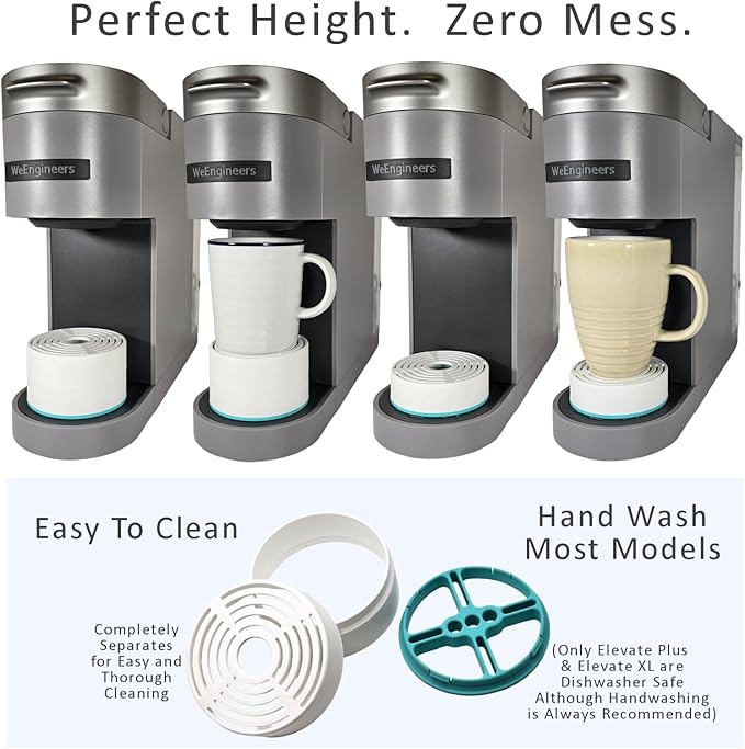 Elevate Anti-Splash Cup Riser Accessory for most Keurig K-cup, Cuisinart Single Serve, and other Coffee Makers, Adjustable for Cup Size and Drip Tray Type (White with Turquoise)