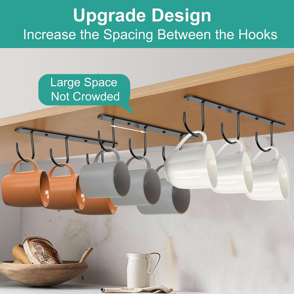 3 Pack Mug Hooks Under Cabinet, Hanging Coffee Mug Holder for Kitchen Cabinet/Shelf, Coffee Mug Organizer with 9 Hooks, for Mugs, Cups, Kitchen Utensils Display, Black