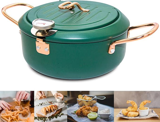 Deep Fryer Pot, 4.3L/11 Inch Japanese Tempura Frying Pot with Fahrenheit Thermometer, Nonstick Carbon Steel Oil Fryer, for Tempura/Frech/Fish/Chicken Fries, Easy Clean, Green