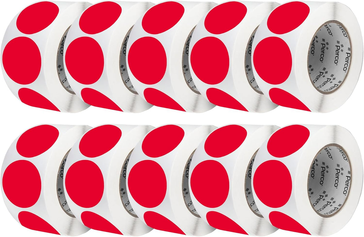 Perco Red 3-Inch Perforated Circle Dot Sticker Labels — 10 Rolls, 5,000 Round Stickers — with Permanent Adhesive for Moving Boxes, Sale Signage, Displays, Status Messaging—Made in USA