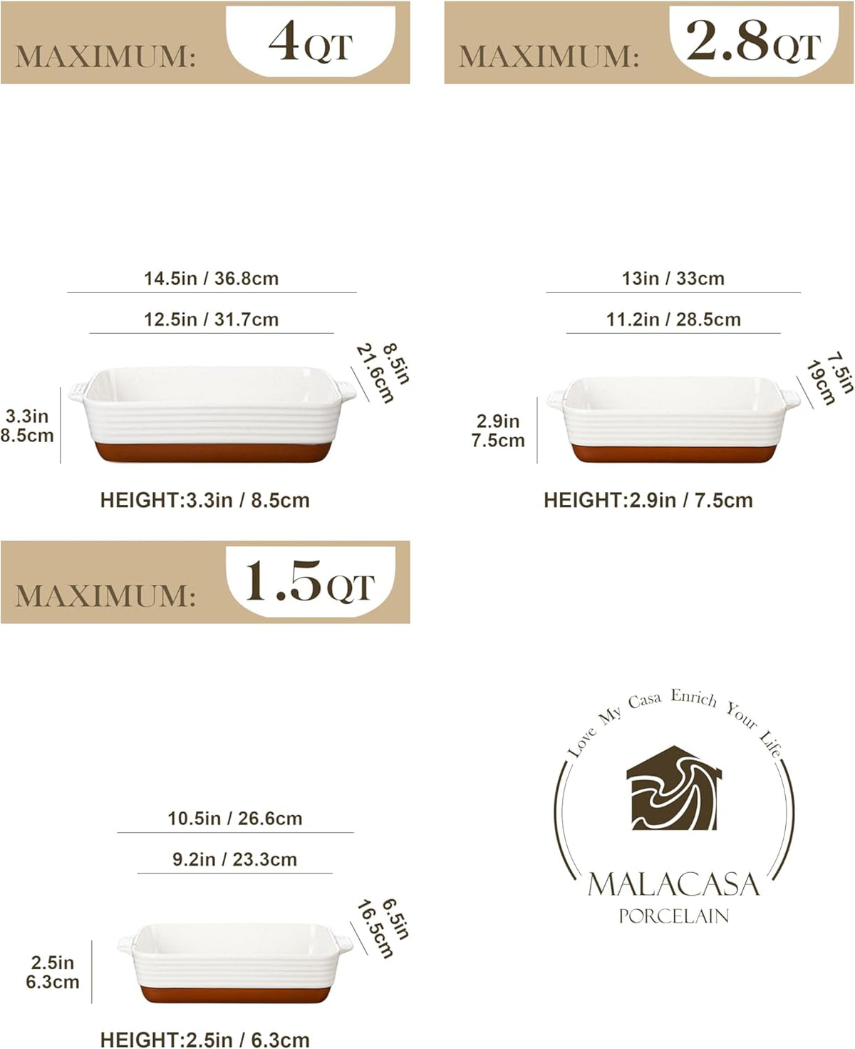 MALACASA Casserole Dishes for Oven, Ceramic Baking Dishes Set of 3, Baking Pan Casserole Dish Set, Rectangular Lasagna Pan Deep with Handles for Baking, Khaki White (14.5''/13''/10.5''), Series TARA