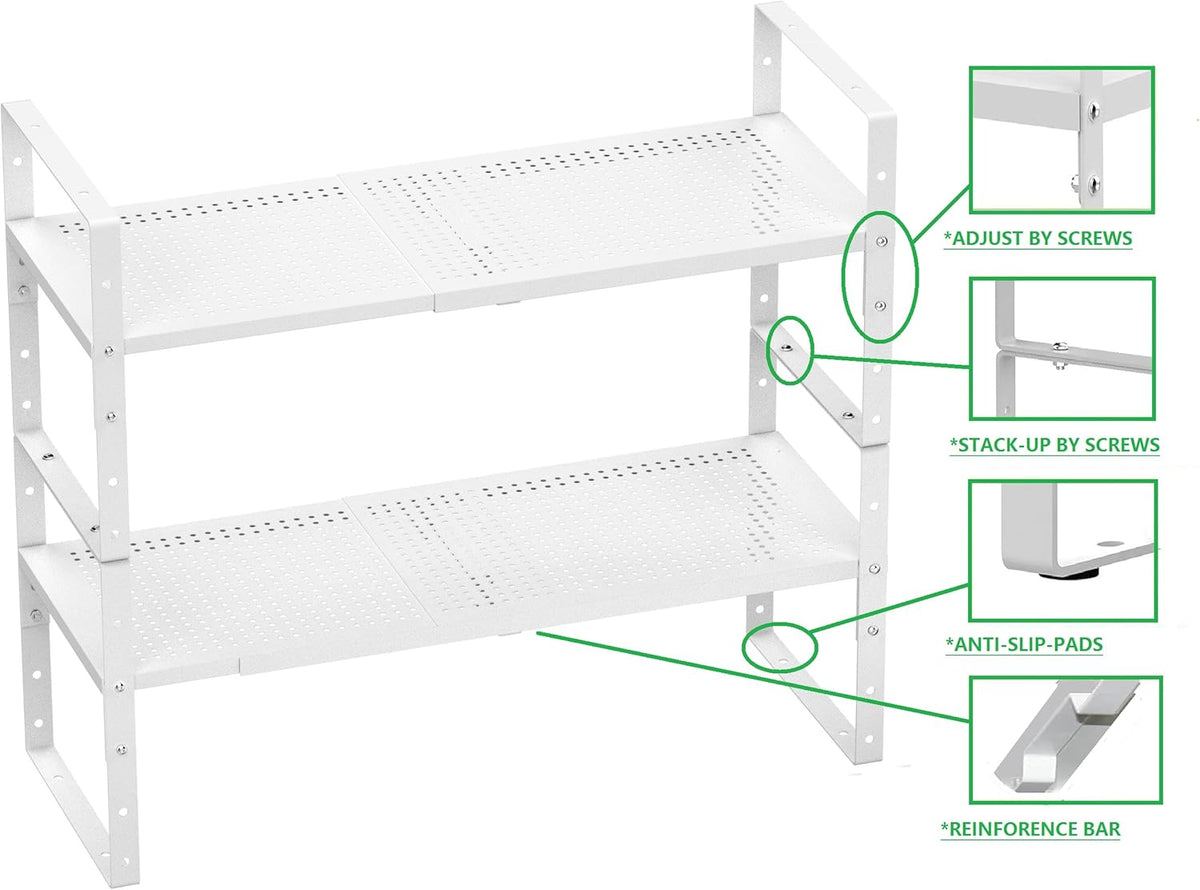 Expandable Shoe Rack Stackable Metal Pantry Storage Shelves Stand Adjustable Height Cabinet Shelf Organizer Racks Spice Shelving(3PACKS/WHITE,LARGE)