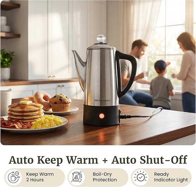 Elite Gourmet 6-Cup Electric Coffee Percolator – Stainless Steel, Fast Brewing, Keep Warm with Auto Shut-Off, Clear Brew Progress Knob, Cordless Serving Base, Reusable Filter, 1000W