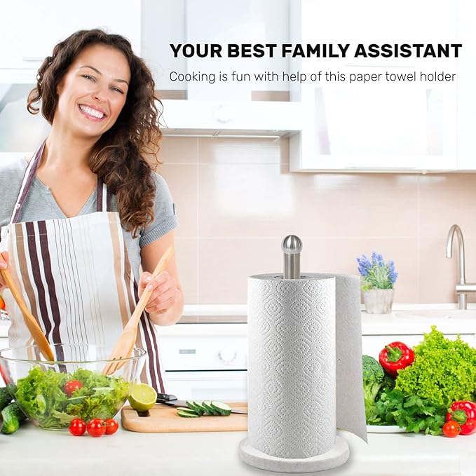 Paper Towel Holder with Sturdy Marble Base, Freestanding Paper Towel Holder Countertop, One-Handed Use, No Wobbly (Brushed Nickel)