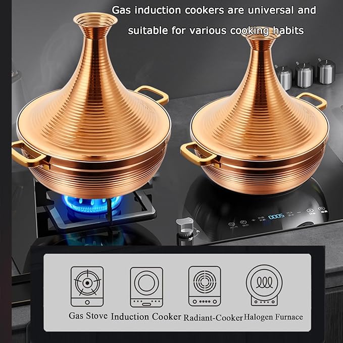 Stainless Steel Moroccan Tagine Pot, Large Moroccan Tajine Casserole with Cone-Shaped Lid, Non Stick Tagine Cooking Pot with 2 Handles(22cm/8.6in, Gold)