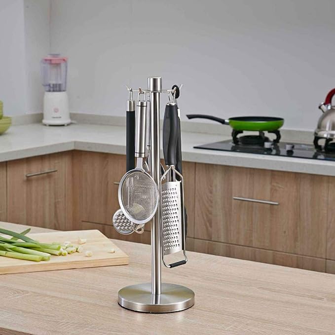 Utensil Rack, 360 Degree Rotating Kitchen Organizer Silver Space Saving Hanging Spatula Spoon Soup Ladle Holder with 5 Hooks for Home Countertop Cooking Utensil Holder