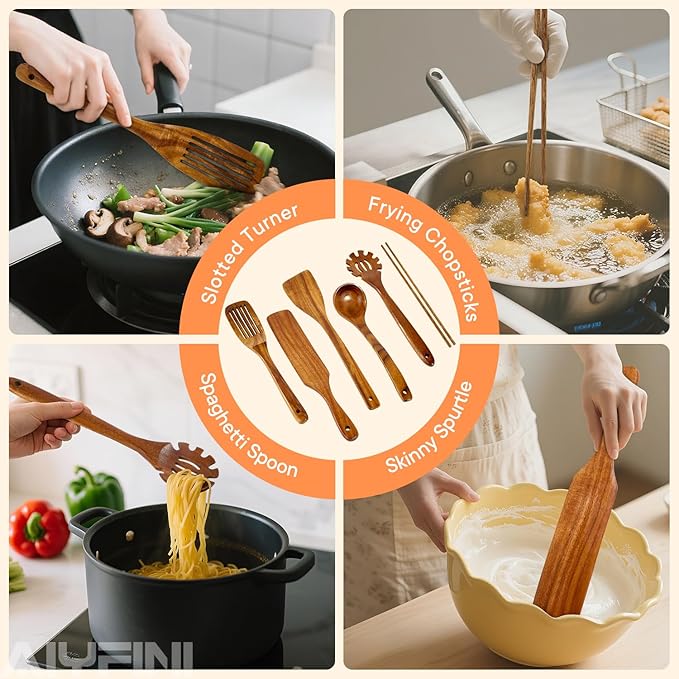 Non-Toxic Wooden Utensils for Cooking - Natural Acacia & Glue-Free,15.4" Large Spatula Set, Long Handle for Scald-Resistant, Wood Kitchen Spoons/Chopsticks/Holder, for Non Stick Frying Pans by ALYFINI