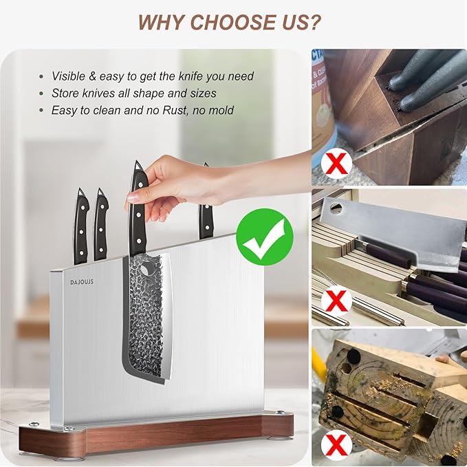 Large Magnetic Knife Block Holder Without Knives for Kitchen Counter, Stainless Steel Material Magnetic Knife Storage Stand Rack with Strong Double Sided Magnet and Wood Base - 16.15 x 11 Inches