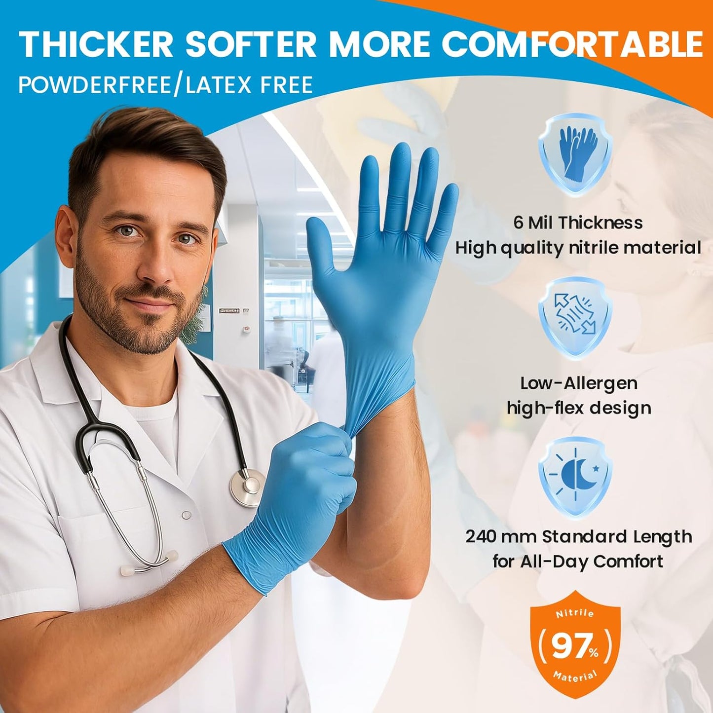 6 mil Disposable Nitrile Gloves, Heavy Duty Disposable Glove, Cooking Gloves, Latex Free, Powder Free (Blue of 100, Large)