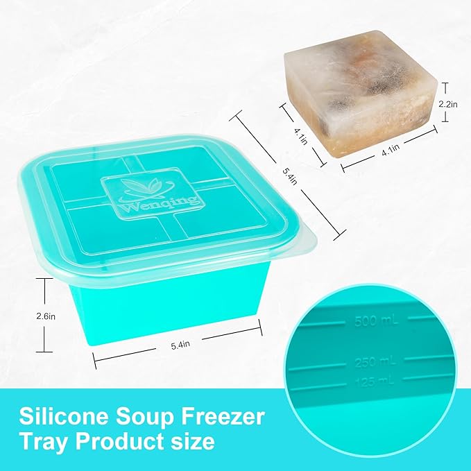 Silicone Freezer Tray with Lid 2 Pack Silicone Freezer Molds Ice Cube Tray Makes 2 Perfect 2 Cup Portions Soup Cubes Meal Prep Containers- Oven & Dishwasher Safe