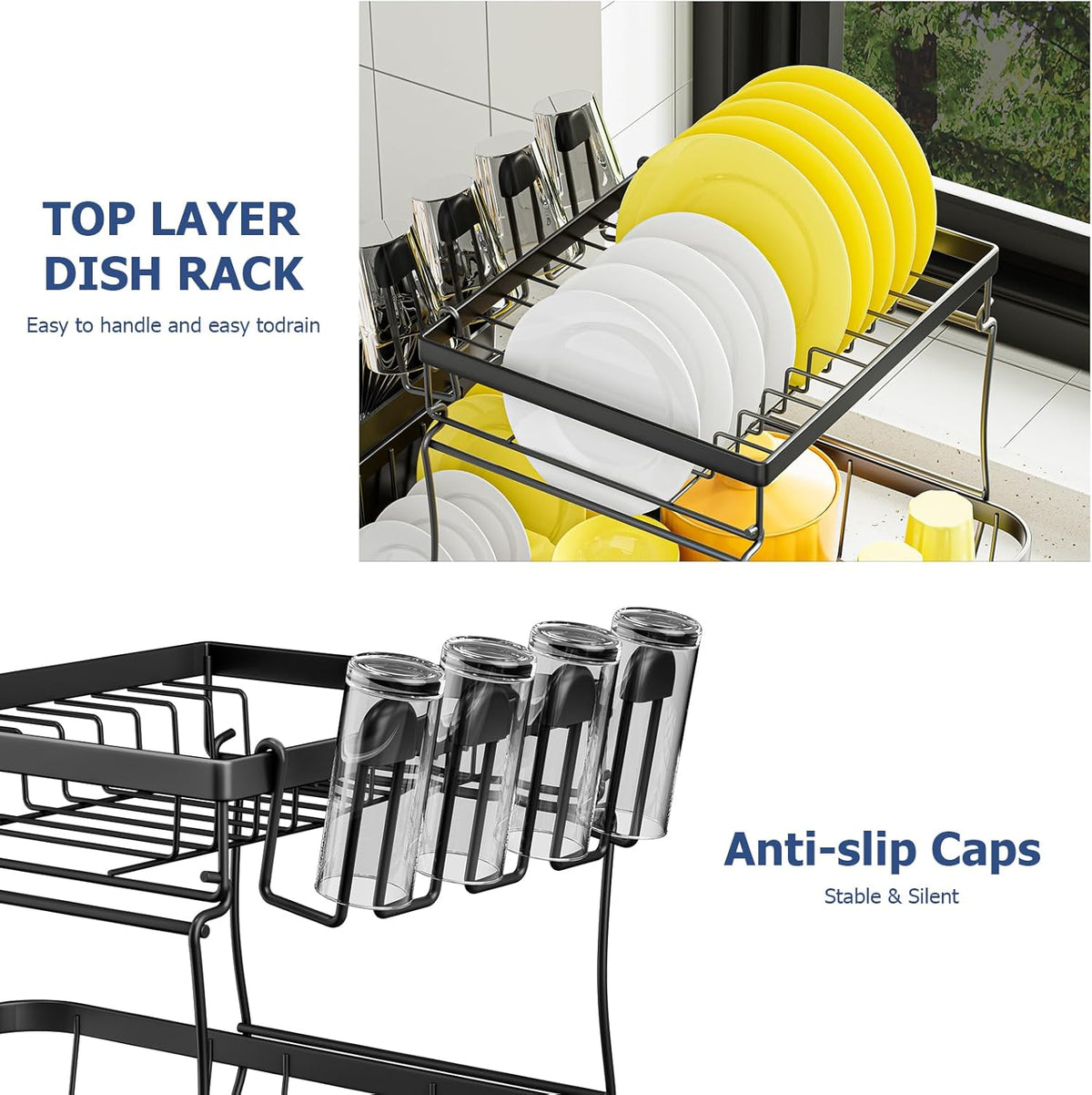 Dish Drying Rack 2-Tier Dish Racks for Kitchen Counter, Adjustable Spout Auto-Draining Dish Rack, Large Capacity for Plates, Bowls, Cups, Tableware，Dish Drainer with Drainboard,Black