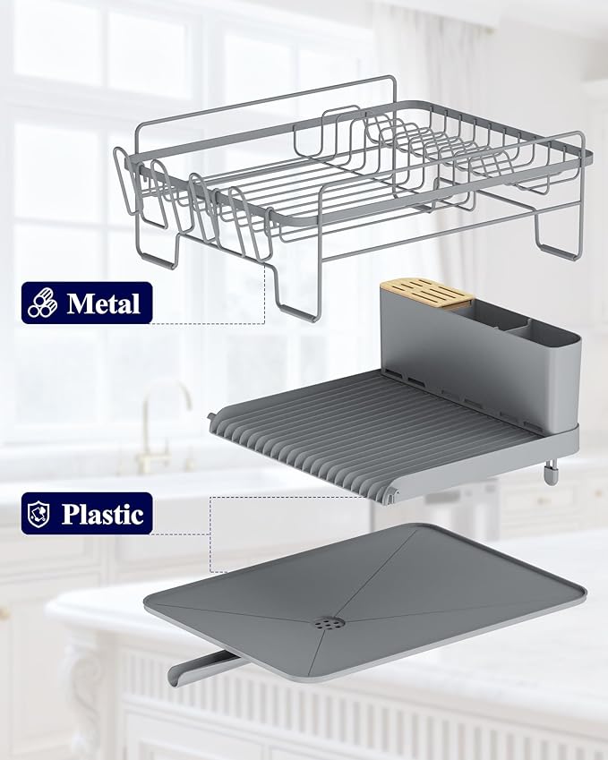 Kitsure Extendable Dish Drying Rack, Large Drying Dish Rack with Cutlery & Cup Holders, Multifunctional Dish Racks for Counter with Drainage, 18.2"-25.7" L x 12.9" W, Grey