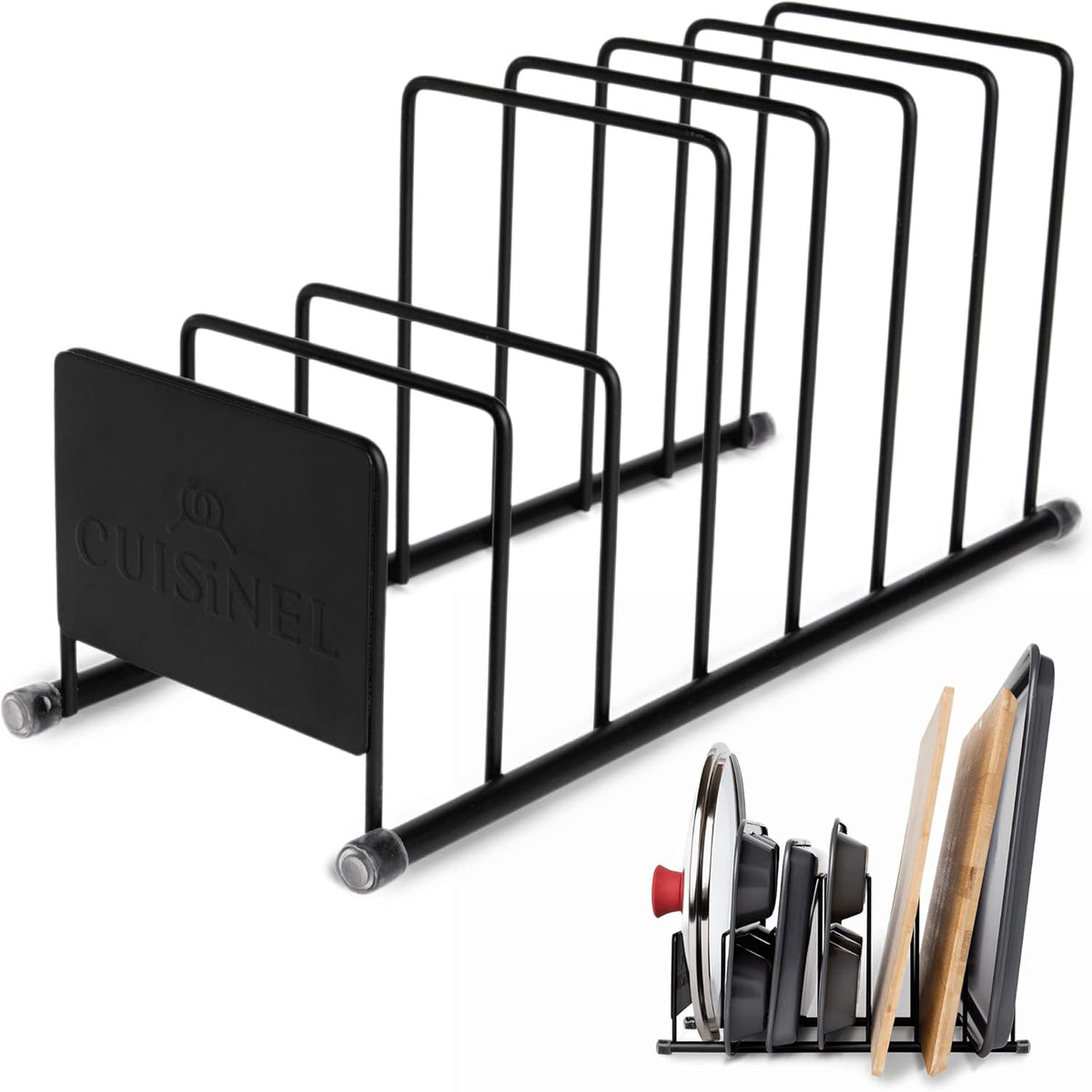 Cuisinel Pot Lid and Dish Organizer Rack - Matte Black Kitchen Storage/Organization Stand - 7-Tier Cabinet/Counter, Cookware, Pots and Pan Lids/Covers, Cutting Board Holder Organizer