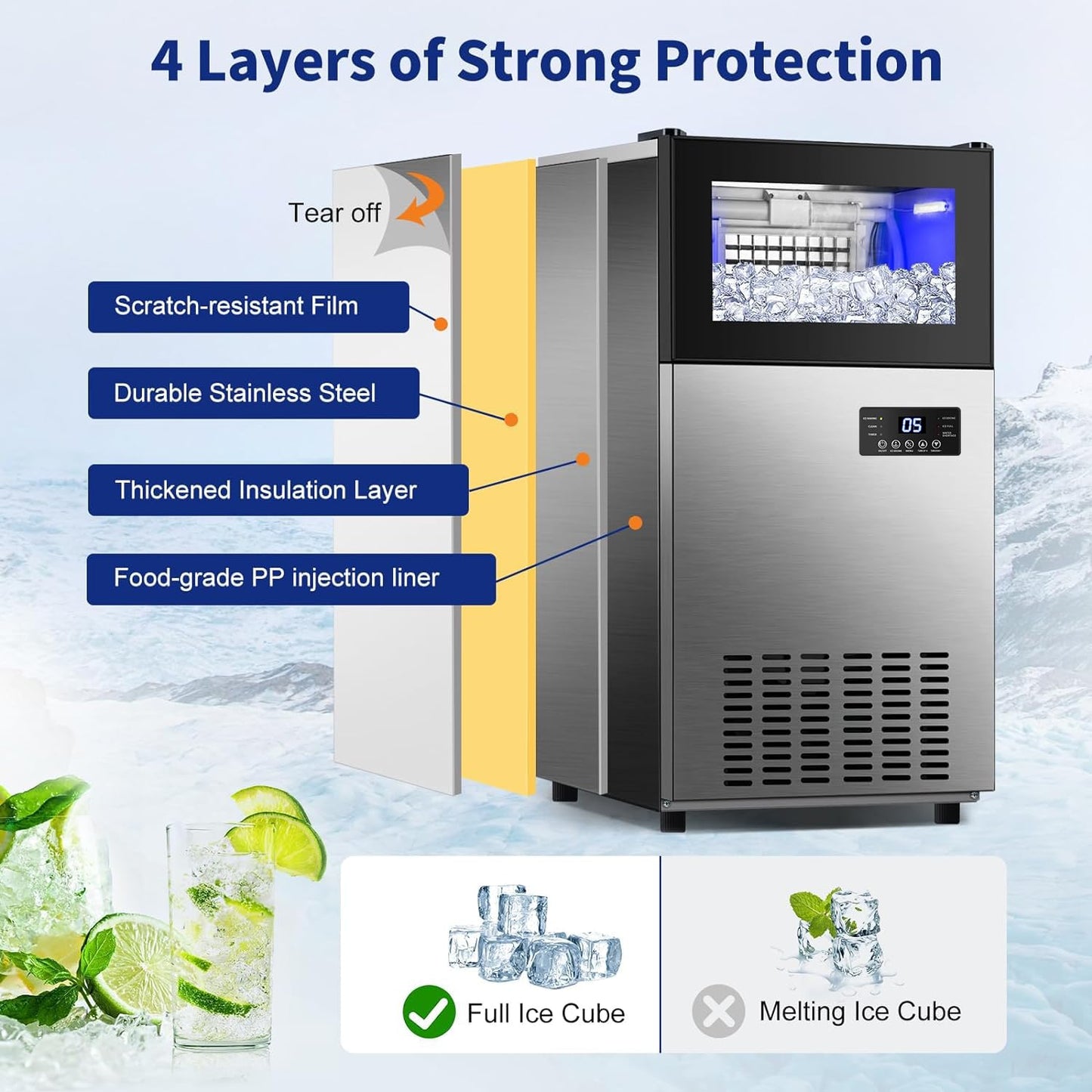 Commercial Ice Maker 160 LBS/24H, Upgraded 15" Wide Undercounter Ice Maker with 35LBS Ice Capacity, Self-Cleaning Stainless Steel Ice Machine, Built-in or Freestanding Large Ice Machine for Outdoor