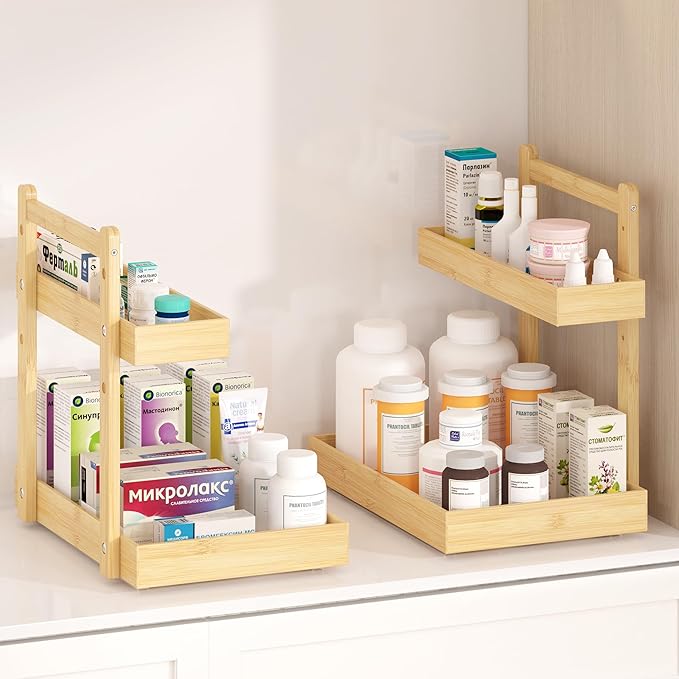 Under Sink Organizer - 1-Tier Pull Out Cabinet Organizer Vertical Slide Out Sink Shelf Storage Shelves for Multi-Purpose Bath Kitchen Bathroom Medicine (Nature, 1 Pack)