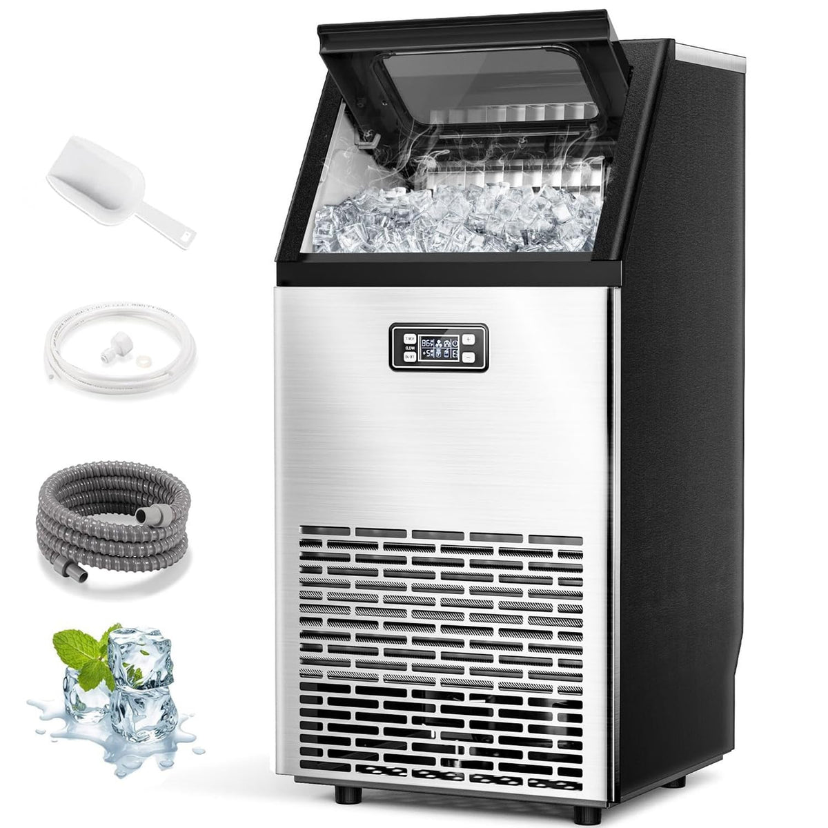 Joy Pebble Commercial Ice Machine,100 lbs/Day, Under-Counter Commercial Ice Maker with 24 Hour Timer,Ice Thickness Control,One Quick Self-Cleaning Function for Bar/Cafes/Home,Stainless Steel