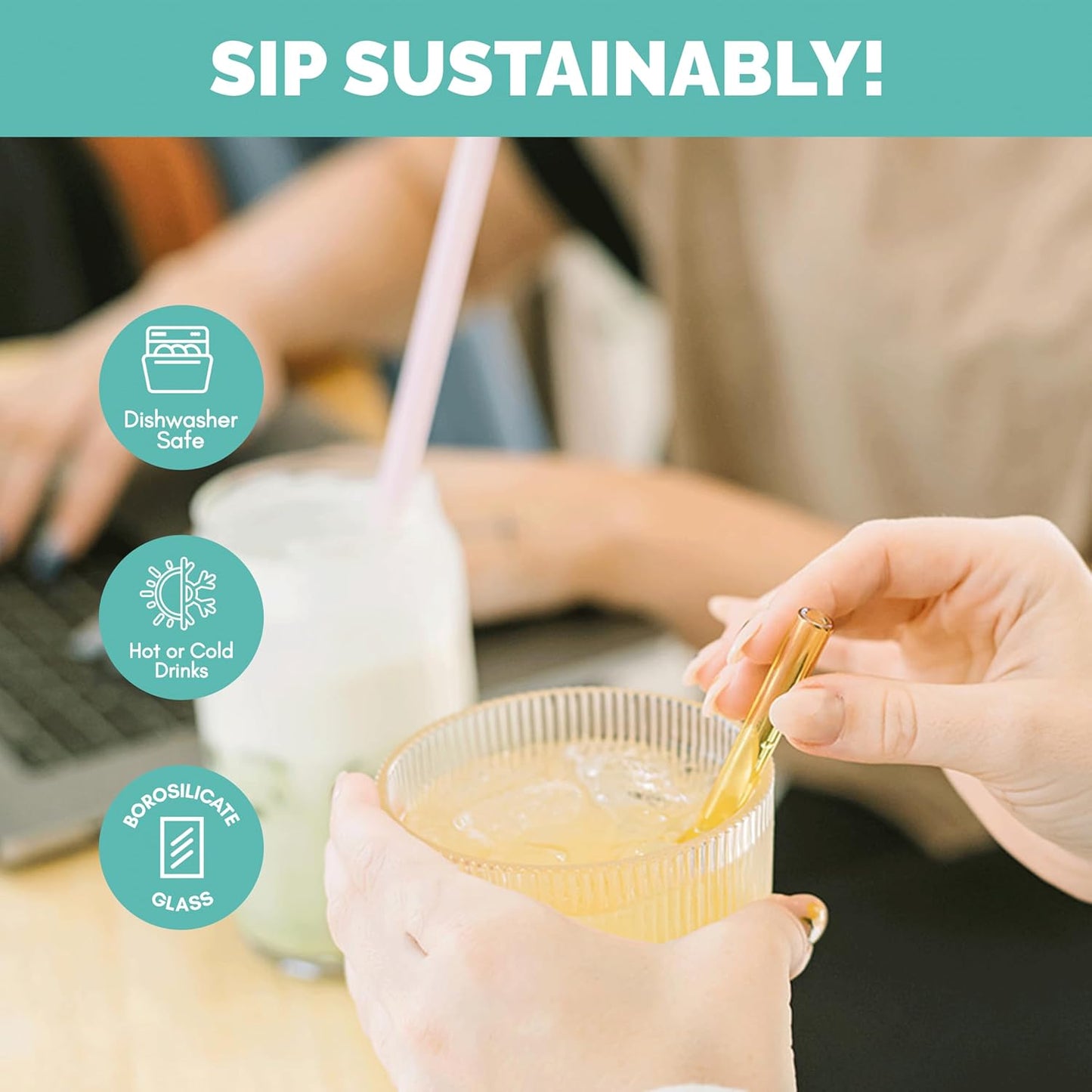 Simply Straws 6 Inch Glass Straws Straight (6-Pack) – Reusable Glass Straws for Low Balls & Stemless Glasses, with Cleaning Brush – Dishwasher Safe, Hot & Cold Use, BPA-Free (Air)