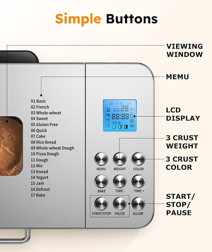 2LB Bread Maker Machine, OSIPOTO 17 in 1 Automatic Stainless Steel Bread Machine, Non-stick, Beginner-Friendly Controls, 15 Hour Timer, Easy to Clean Low Noise, High Success Rate for Homemade Bread