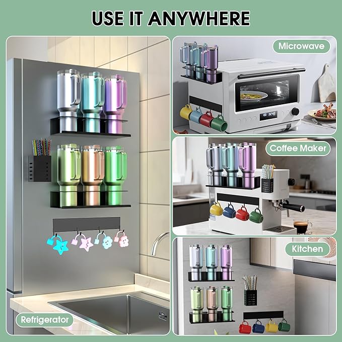 Magnetic Cup Holder for Refrigerator, Water Bottle Organizer for Stanley and Tumbler, Accessory with Lid Hook Straw Holder and Double Sided Tape for Kitchen Fridge Cabinet