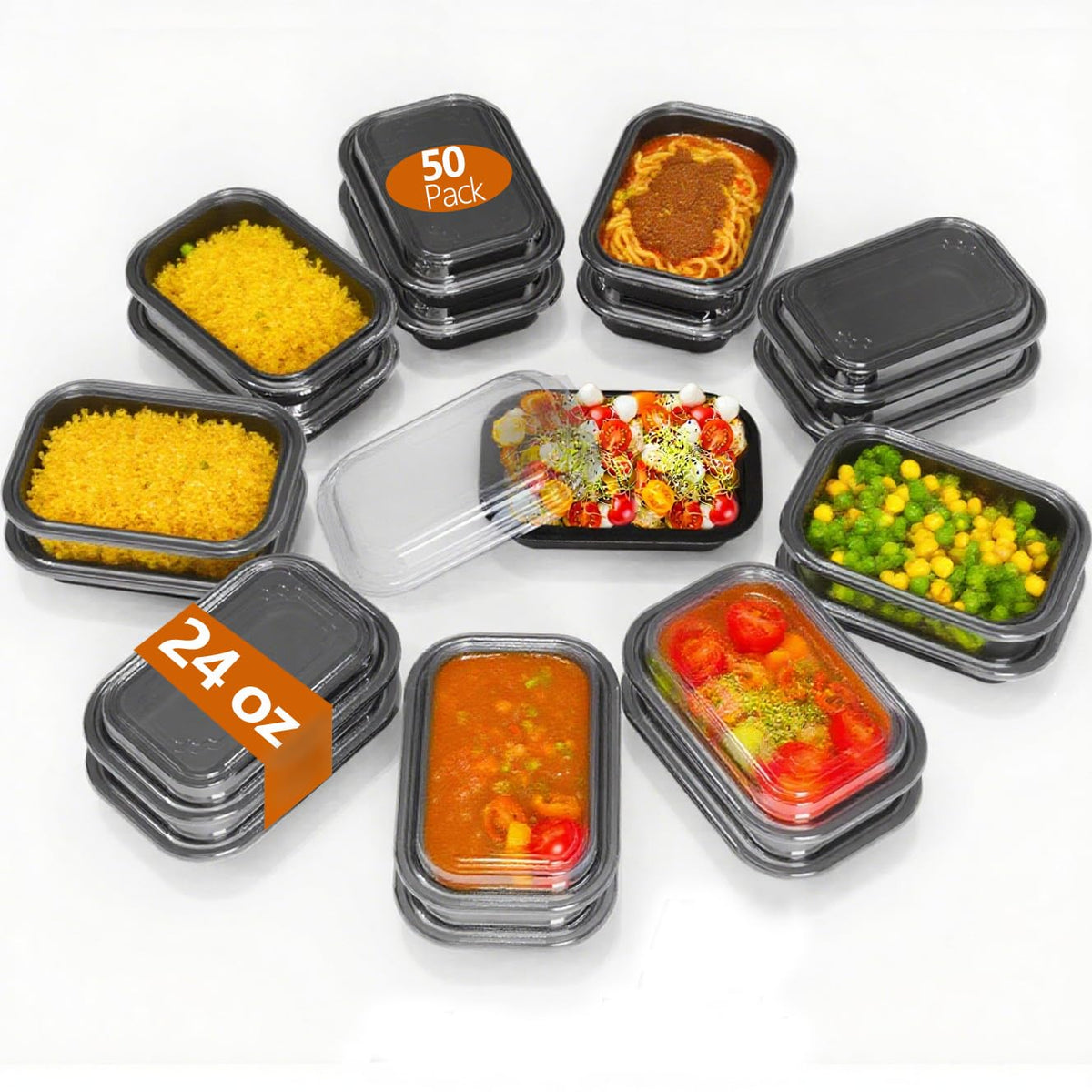 50 Pack (100-Piece) - 24oz Meal Prep Containers Salad & Snack Storage for Lunch | BPA Free & Leakproof Food Containers | To Go Take Out Plastic Bento Box | Microwave, Freezer, Dishwasher Safe