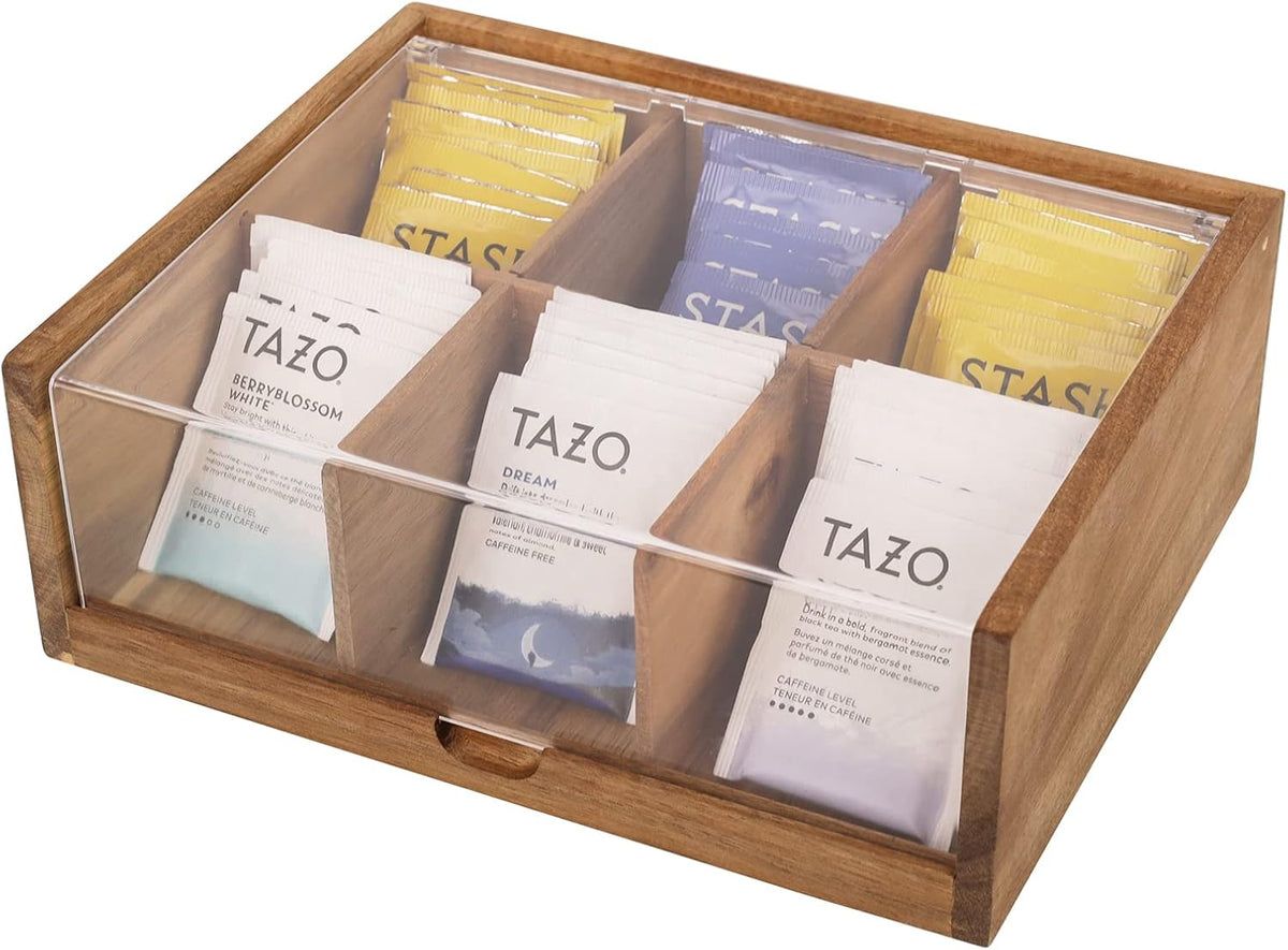 Tea Bag Organizer 6 Compartments by HTB|  Gift Box Acacia Wood Tea Organizer for Tea Bags with Acrylic Transparent Hinged Lid