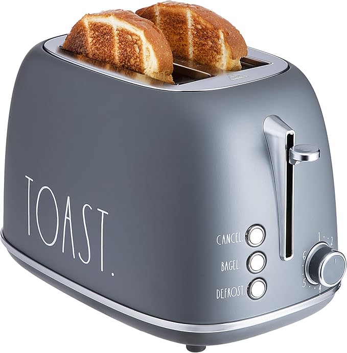 Rae Dunn Retro Rounded Bread Toaster, 2 Slice Stainless Steel Toaster with Removable Crumb Tray, Wide Slot with 6 Browning Levels, Bagel, Defrost and Cancel Options, Grey