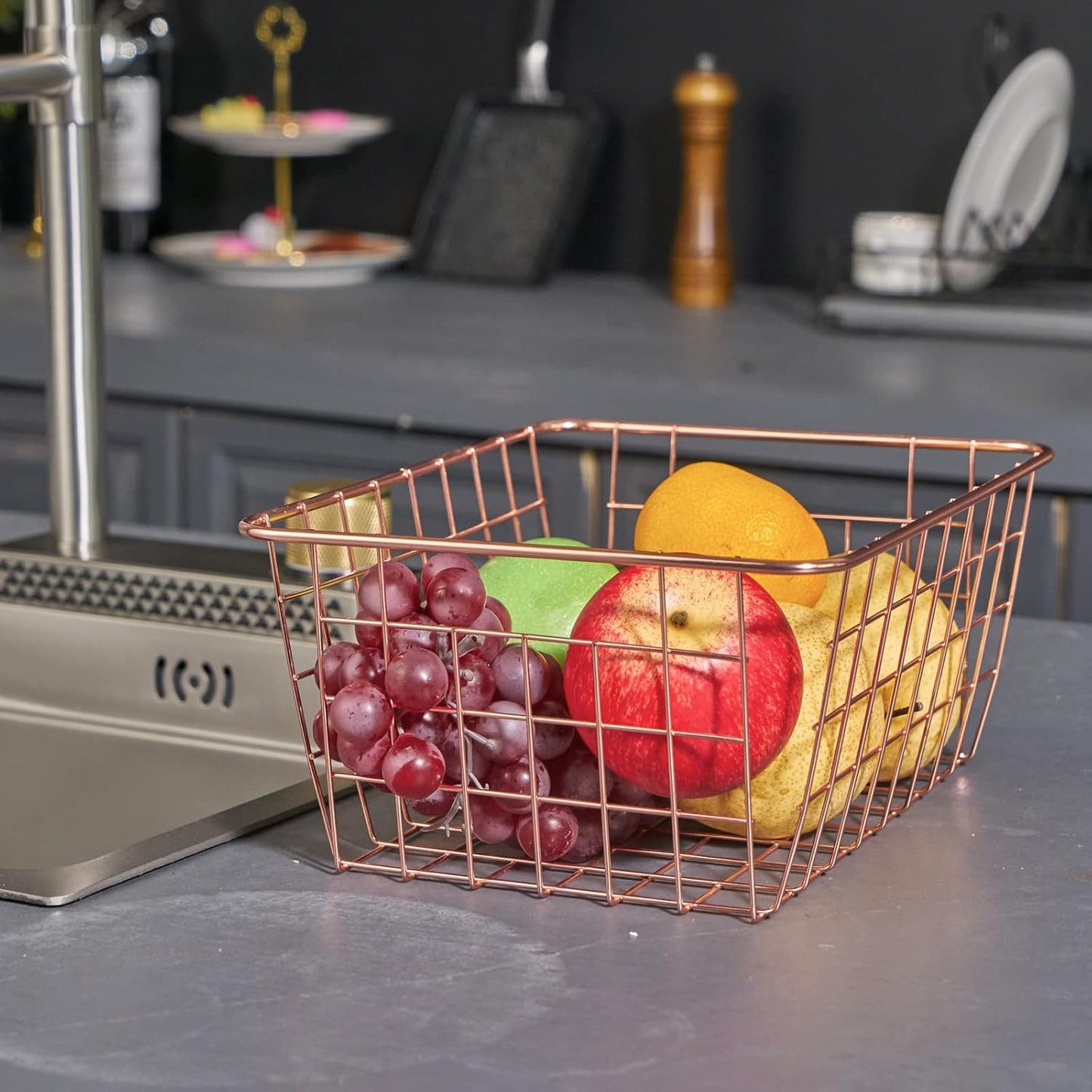 Wire Kitchen Storage Basket 4 Packs,Perfect Pantry Organization Accessories Basket,Laundry Basket,Countertop Organization, Suitable for Kitchen,Bathroom,Bedroom,Tabletop,Stackable,Bronze