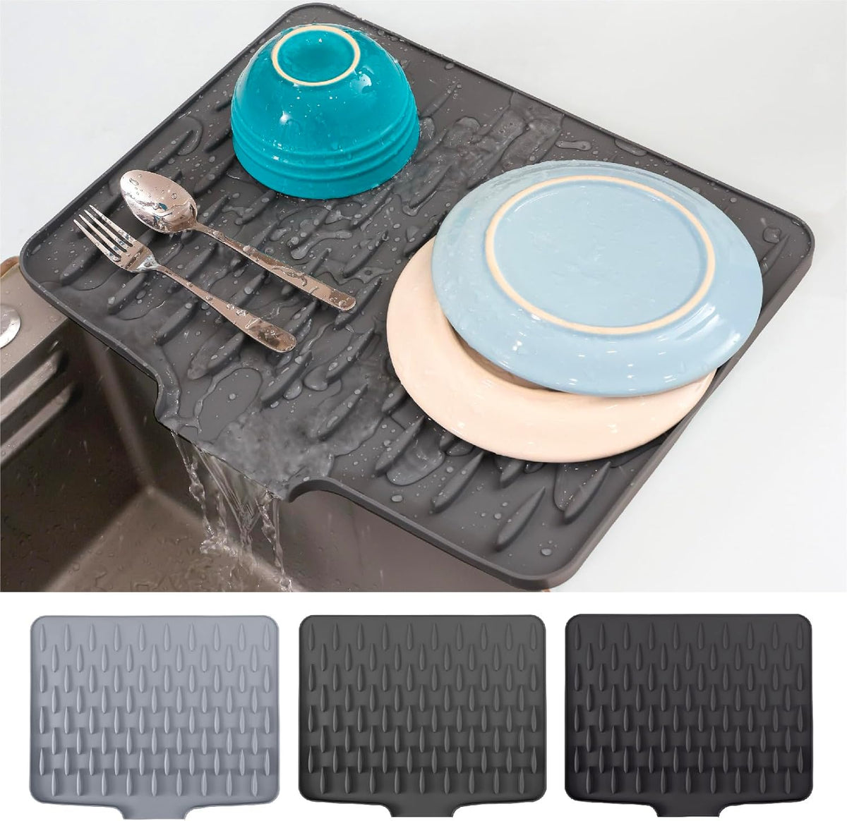 CHIKILLA Silicone Dish Drying Mat for Kitchen Counter, Fast Drainage Design for Vegetables Fruits, Heat Resistant, Non-Slip , Dishwasher Safe – 15.7x13 inch Urban Gray