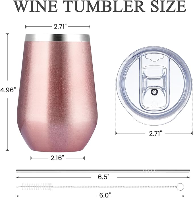 MEWAY Stainless Steel Wine Tumbler with Lid and Straw 12oz - Stemless Insulated Wine Cup Glasses for Coffee,Cocktails,Drinks, and Office Use, Ideal for Parties and Gifts(Rose Gold, Set of 12)