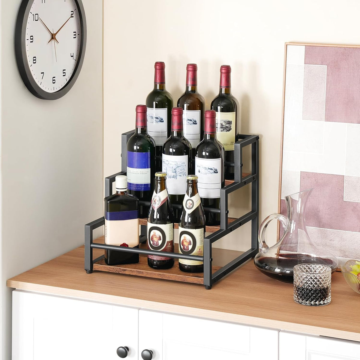 HOOBRO Coffee Syrup Rack Organizer, 3-Tier 12-Bottle Syrup Holder Stand for Coffee Bar, Wine Rack Countertop Storage Rack for Syrup, Wine, for Kitchen Coffee Station, Rustic Brown and Black BF38JJ01