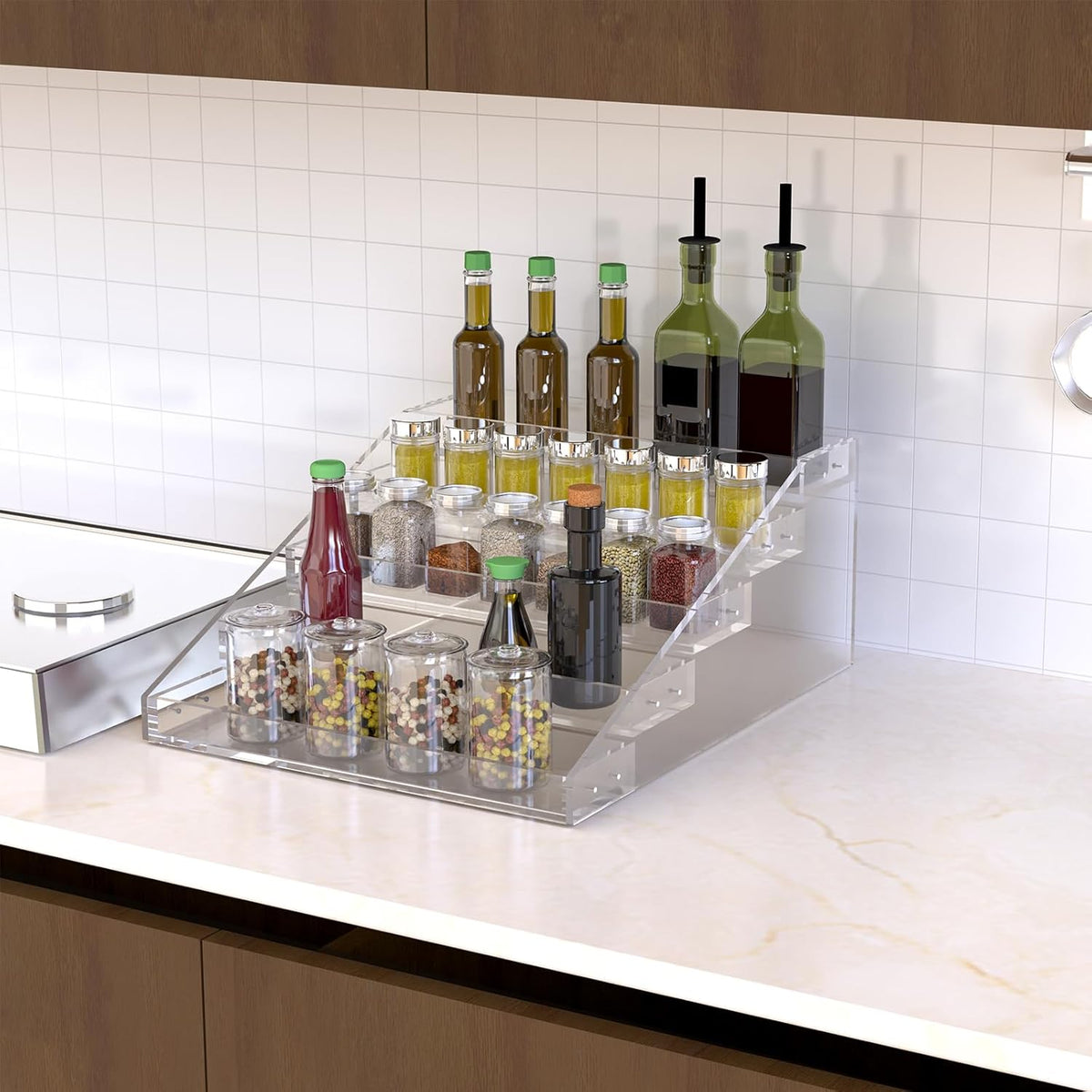 PMMASTO Widen Tiered Spice Rack, Seasoning Organizer, Clear Acrylic Vertical Shelves Can Organizer for Countertop, Cabinet, Pantry, Kitchen Organization and Storage - 5 Tier