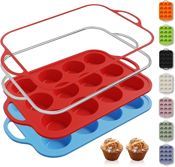 2 Packs 12 Cups Silicone Muffin Pan with Metal Reinforced Frame Regular Size Cupcake Pan Tray Silicone Molds Muffin Tin Tart Pans Moldes Para Gelatinas De Figuras Grandes Individuales Hornear Pasteles