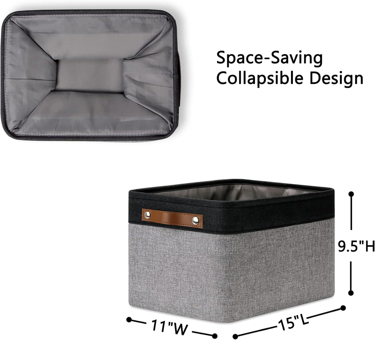 DULLEMELO Canvas Storage Bin with Handles, Fabric Bins for Shelves, Bedroom, Office,Nursery,Fabric Storage Baskets for Toys, Clothes,Gift(Black&Grey,15"x11"x9.5",4-Pack)