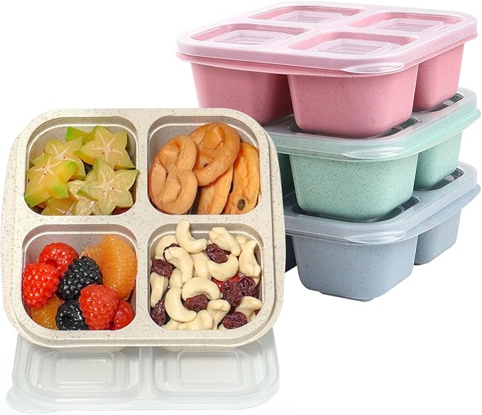 LCHLZZ 4 Pack Snack Containers, Divided Bento Snack Box, 4 Compartments Reusable Meal Prep Lunch Containers for Kids Adults, Food Storage Containers for School Work Travel