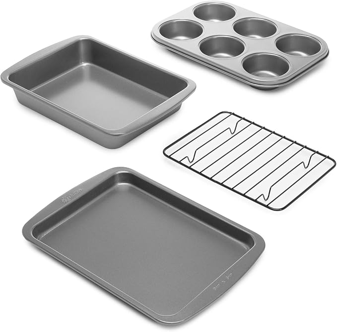 Ecolution Non-Stick Toaster Oven Bakeware Set 4-Piece, Carbon Steel, Easy to Clean and Perfect for Single Servings, Gray