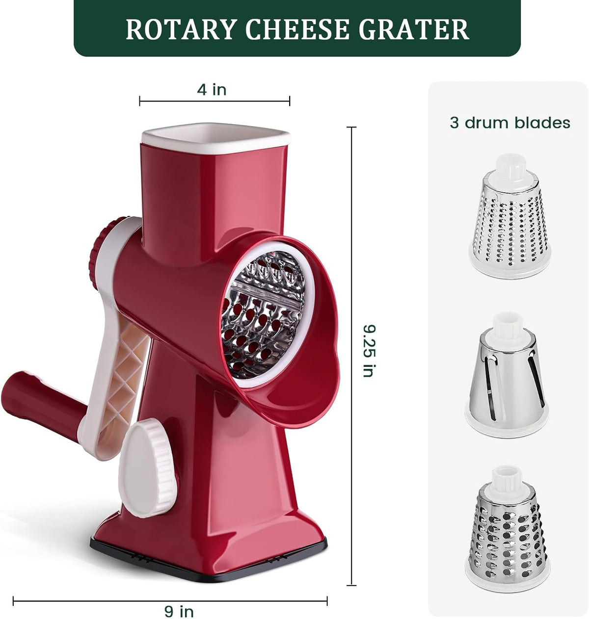 HANSGO Rotary Cheese Grater, Hand Crank Cheese Shredder, Vegetable Slicer for Kitchen, 3 Interchangeable Blades for Potatoes Carrots Onion Zucchini Nuts Chocolate Fruits, Red