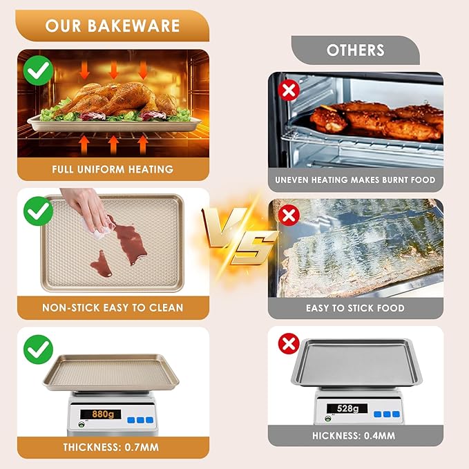 Baking Sheet Pan Set of 3, Nonstick Carbon Steel Cookie Sheets with Texture, Commercial Half/Quarter/Jelly Roll Pans Replacement Toaster Oven Tray, Heavy Duty & Easy Clean, Champagne Gold