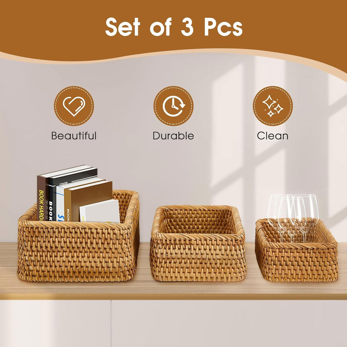 Natural Rectangular Rattan Storage Baskets (Set of 3), Hand Woven Food and Fruit Serving Baskets, Wicker Organizer for Living Room, Bedroom, Kitchen
