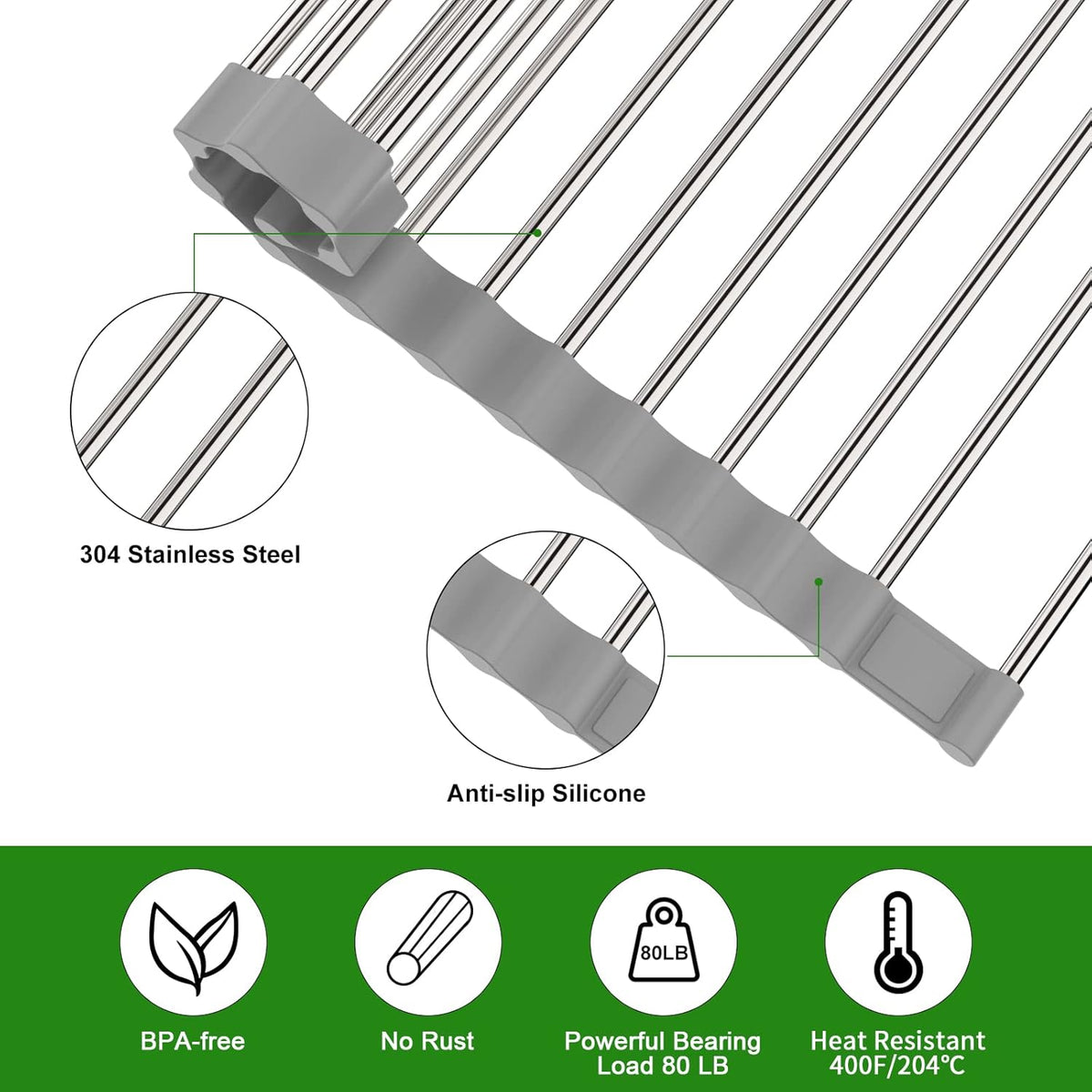 Expandable Roll Up Dish Drying Rack, 23.6"L x 13.0"W Large Stainless Steel Over The Sink Dish Drying Rack with Silicone Wrapped Anti-Slip Foldable Multipurpose Dish Drainers for Kitchen Sink