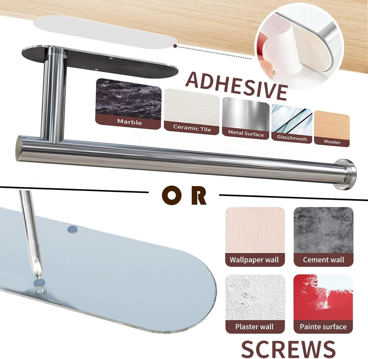 Self Adhesive or Drilling Paper Towel Holder Under Cabinet,Silver Stainless Steel Hanging Paper Towel Holder Wall Mount for Kitchen Paper Towel,Under Counter Paper Towel Roll Rack for Home,Bathroom,RV