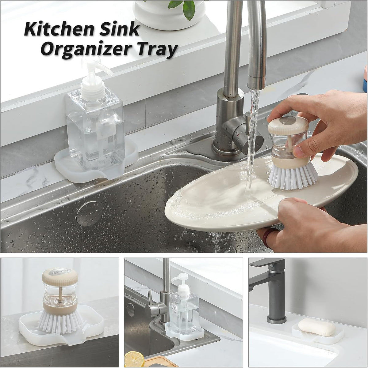 Silicone Bathroom Soap Dishes with Drain Spout-Bathroom and Kitchen Sink Organizer,Sponge Holder,Dish Soap Tray,Perfect for Dispenser,Scrubber,Bottle,Cup on Counter Translucent 4.9"×3.2"