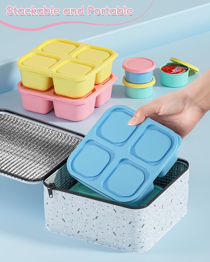 Canfanni 4 Pcs Snack Box Containers Set, Reusable 4 Compartment Lunchable Container with 2Pcs Sauce Containers, Stackable BPA-Free Bento Box for School, Work, Travel (4 Color)