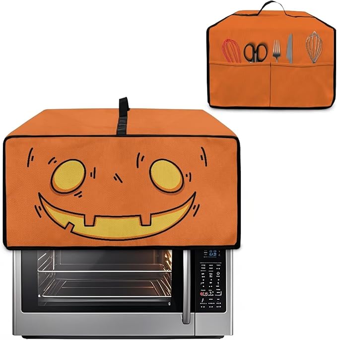 Air Fryer Toaster Oven Cover Fabric Convection Oven Cover with Pockets, Washable Small Appliance Dust Protection, S, Cartoon Pumpkin Face Pattern Halloween Decor