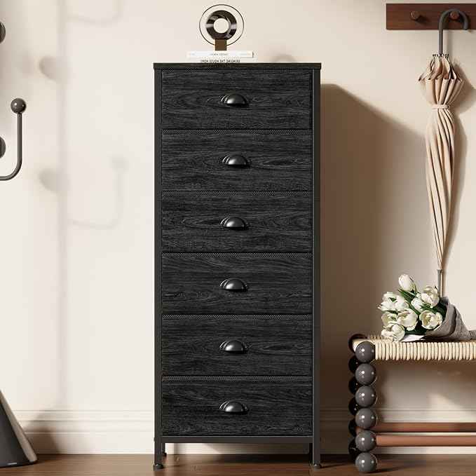 Furnulem Tall Dresser with 6 Drawers,Vertical Bedside End Table & Chest for Bedroom,Black Storage Tower Dorm Nightstand with Fabric Drawer Organizer Unit Furniture in Living Room,Closet,Hallyway